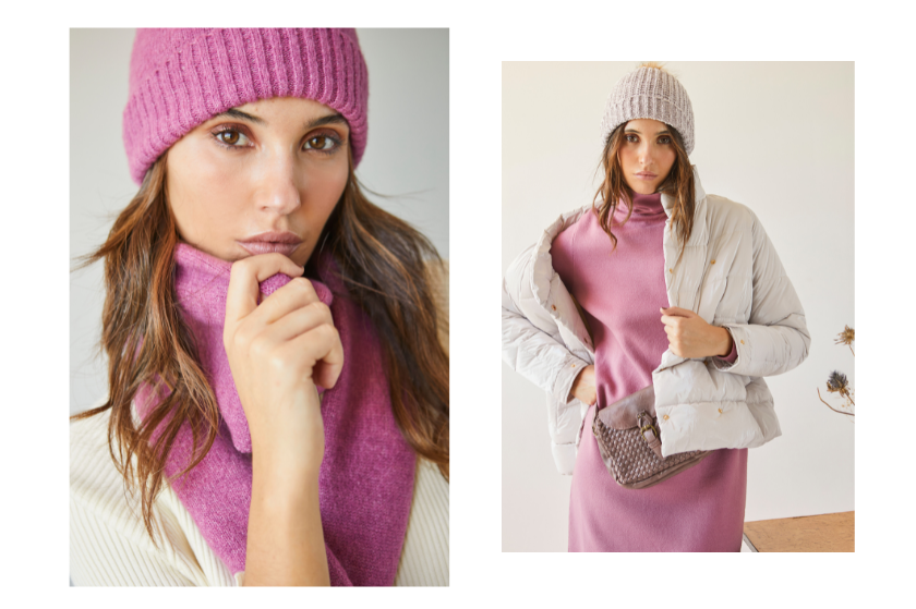 Modelo con bufanda y gorro de lana y pompón en color rosa